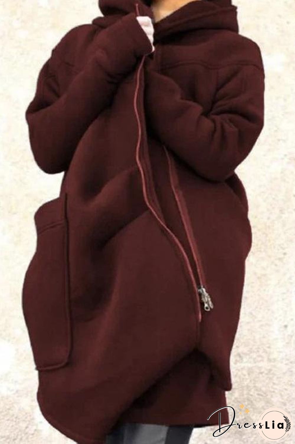 Oblique Zipper Long Hoodie Jacket with Big Pocket