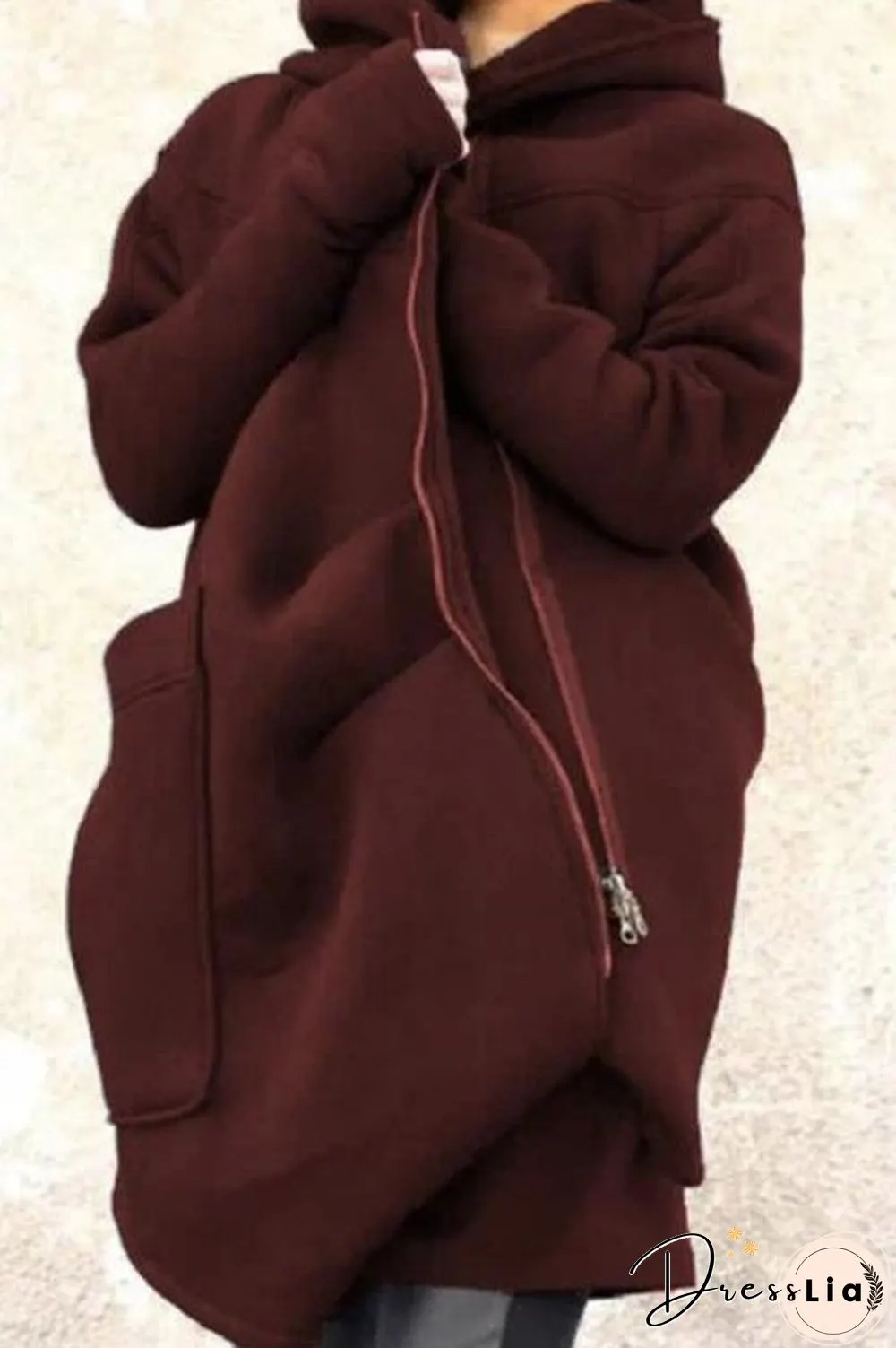 Oblique Zipper Long Hoodie Jacket with Big Pocket