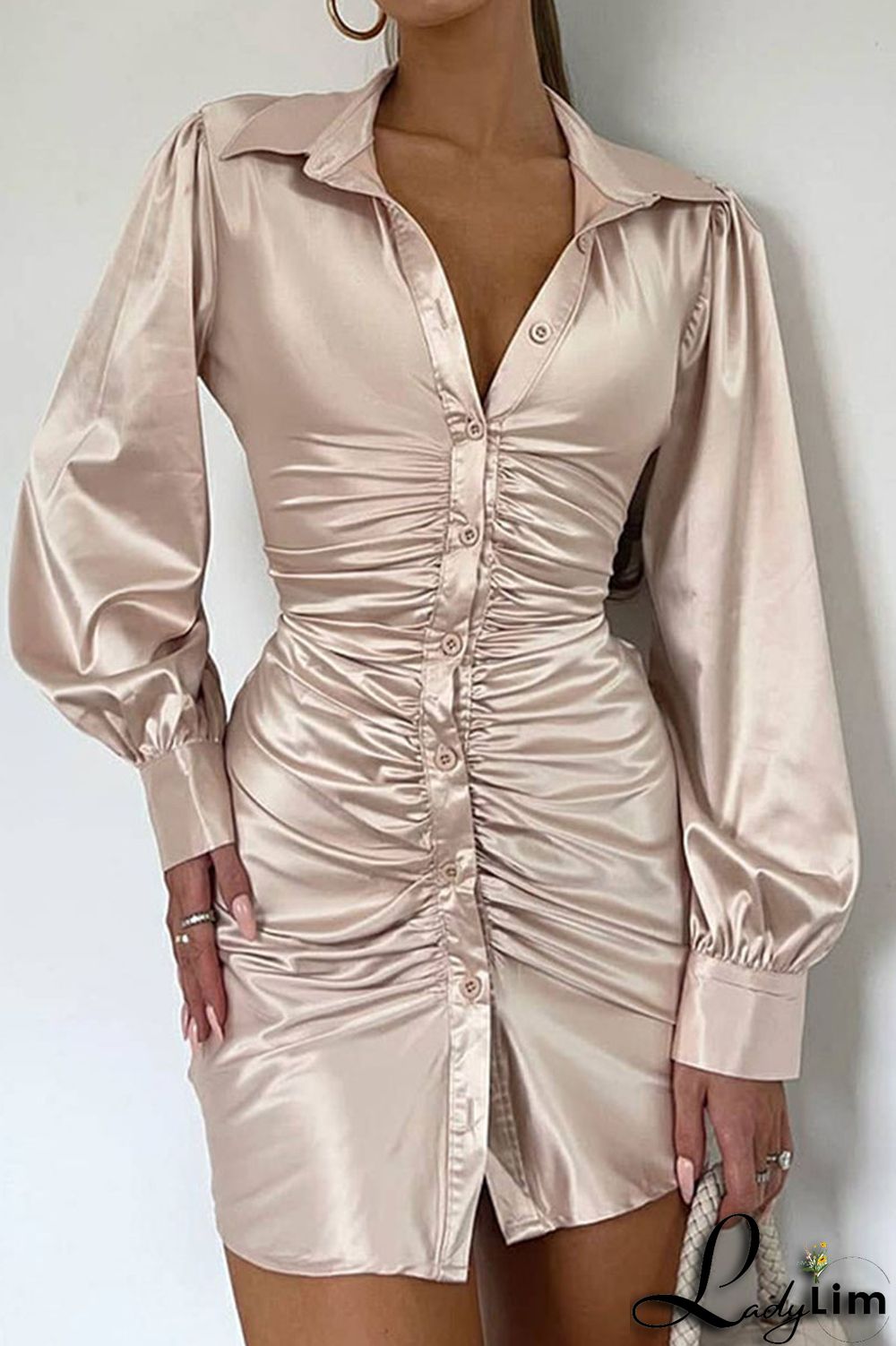 Tangerine Red Sexy Solid Bandage Split Joint Buckle Backless Fold Turndown Collar Shirt Dress Dresses