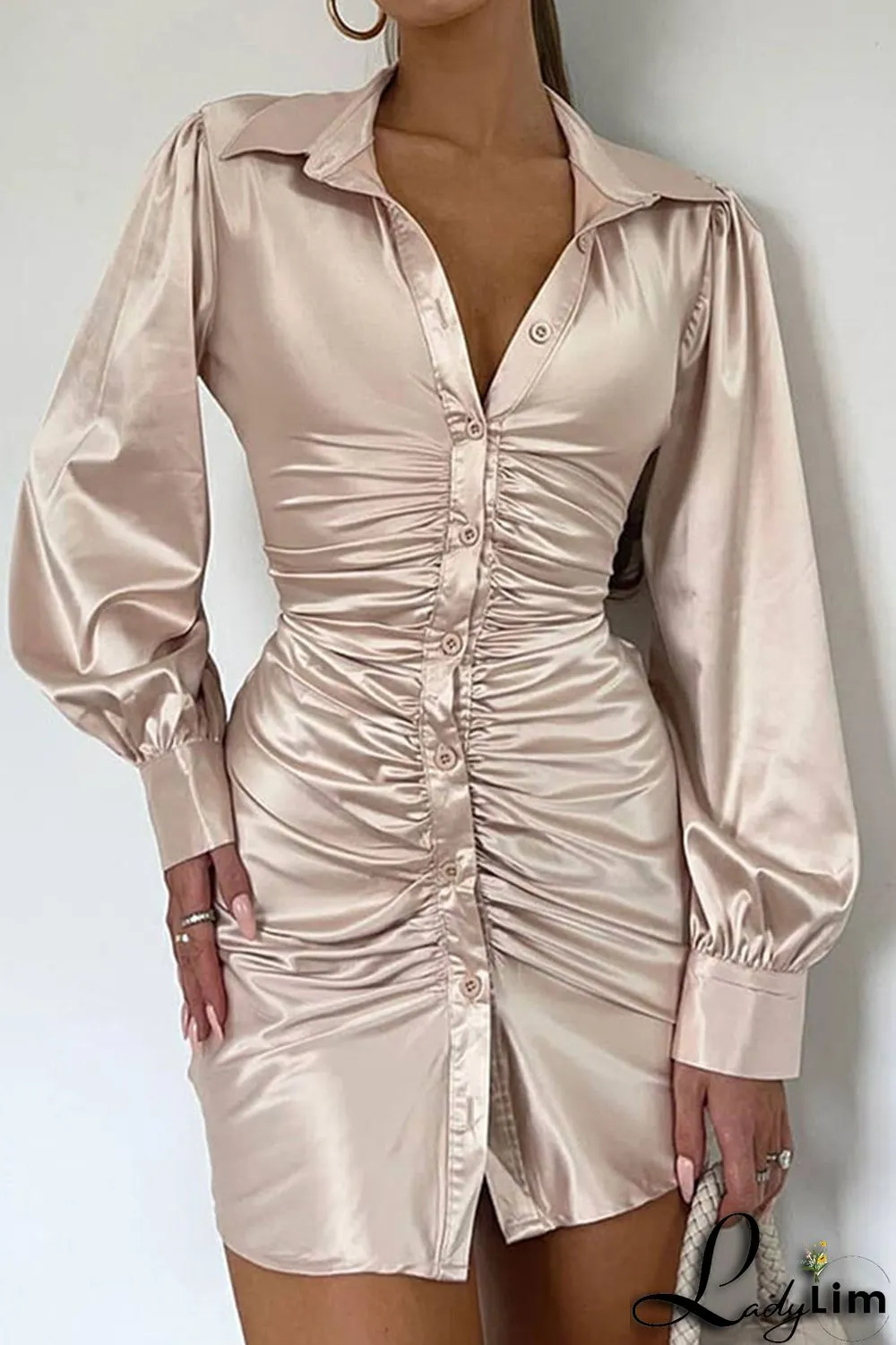 Tangerine Red Sexy Solid Bandage Split Joint Buckle Backless Fold Turndown Collar Shirt Dress Dresses