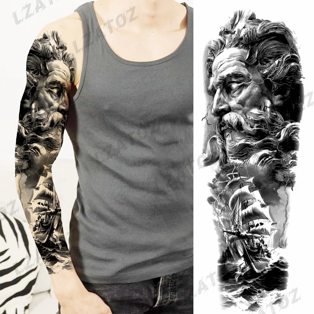 Sdrawing Sleeve Temporary Tattoos For Men Women Realistic Pirate Ship Wolf Tiger Skull Rose Flower Fake Tattoo Sticker Arm Tatoos