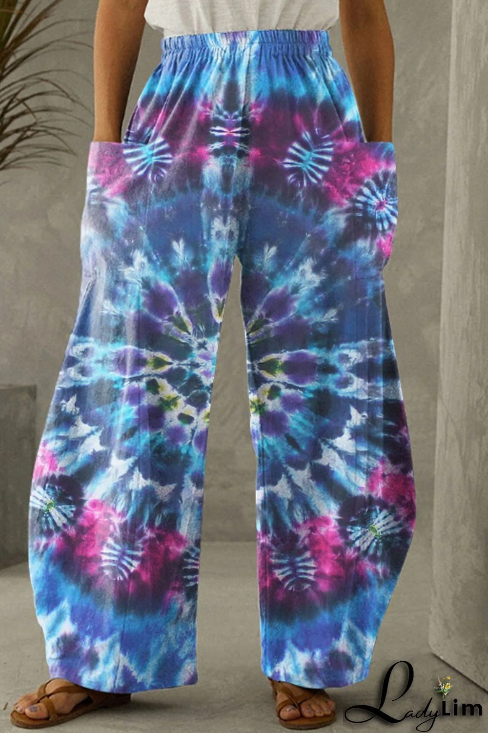 Dark Blue Fashion Casual Print Tie Dye Patchwork Regular High Waist Trousers