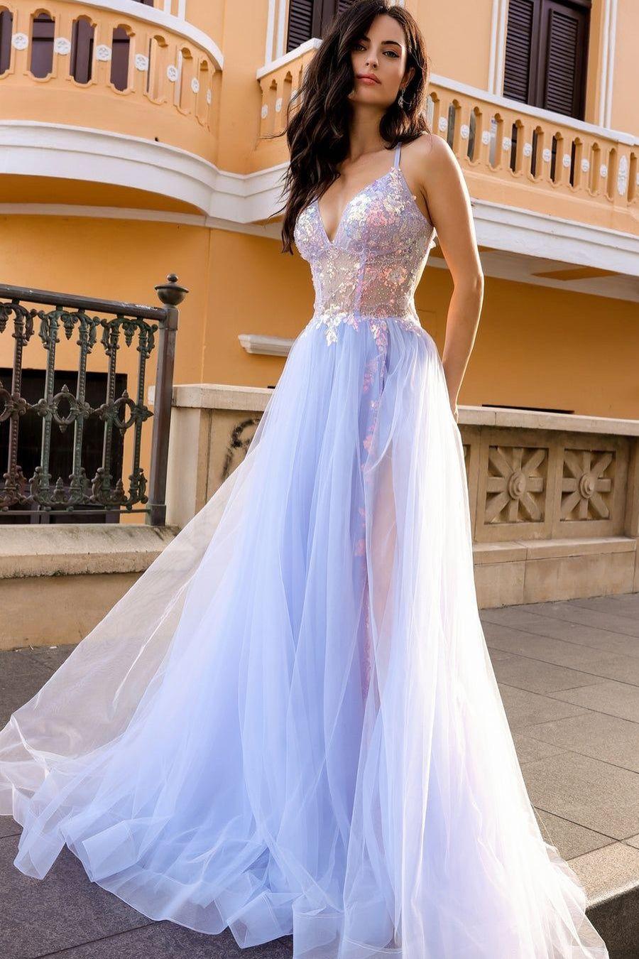 Lvs&Broner Tulle V Neck Sleeveless Backless Long Prom Dress With Appliques
