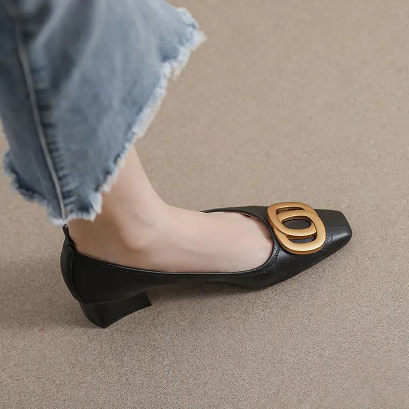 Yyvonne Size 34-43 Women Boat Shoes Metal Pumps Med Heels Dress Shoes Embossing Leather Shallow Shoes Female Office tacones 1120N