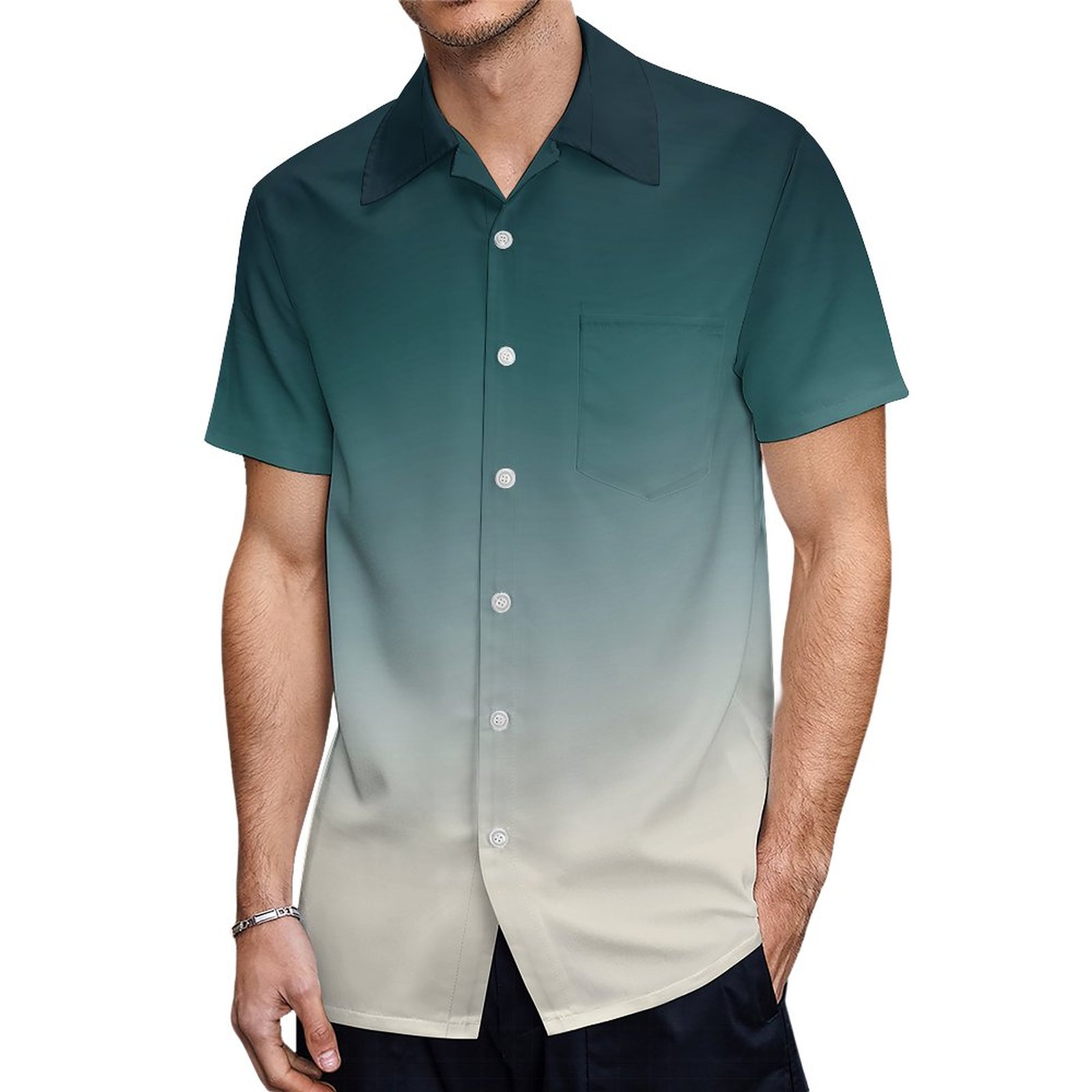 Teal White Ombre Elegant Gradient Hawaiian Shirt Mens Button Down Plus Size Tropical Hawaii Beach Shirts