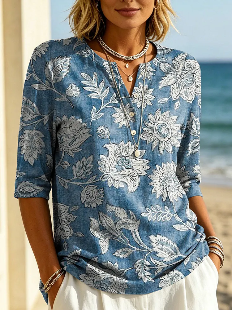 Women's Floral Pattern Art Print Casual Classic Henley Collar 100% Cotton T-shirt