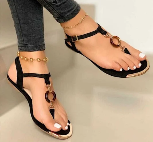 2020 Women Summer Shoes Fashion Flat Heel Clip Toe Feet Roman Buckle Large Size Female Sandals Comfortable Sandalias Mujer