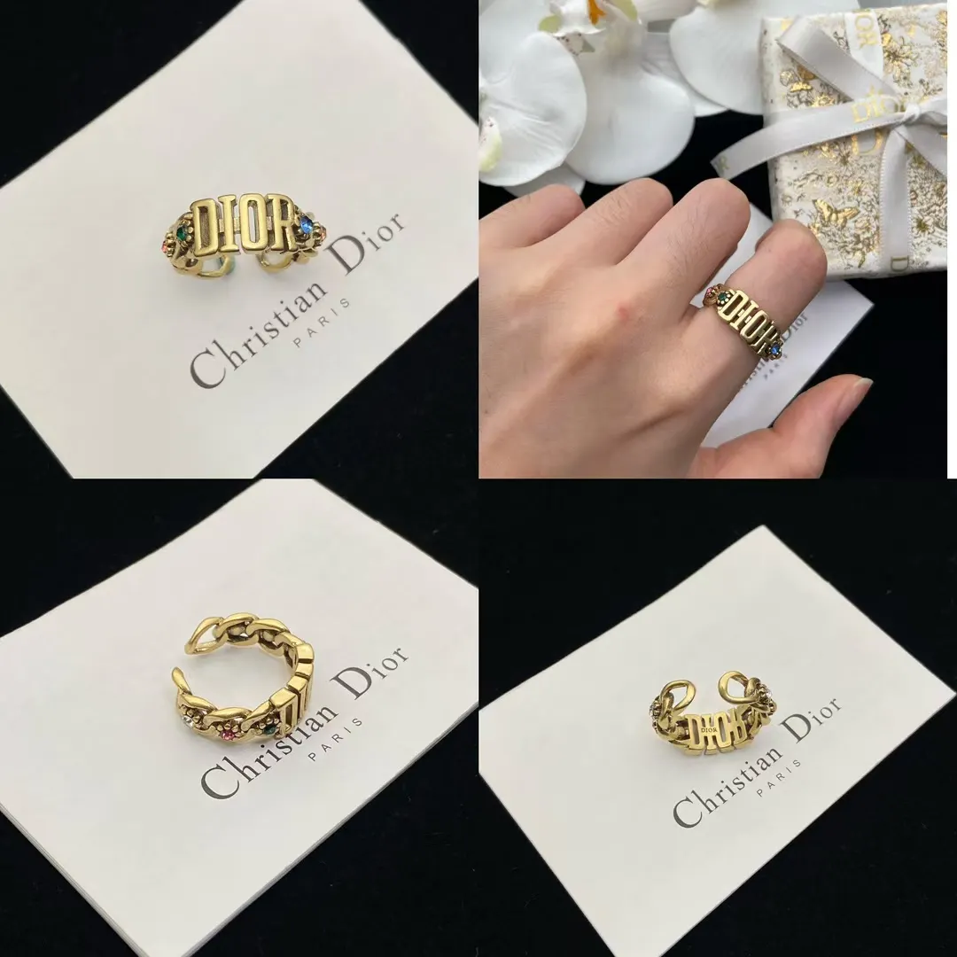 Dior Letters Color Gem Paved Open Ring