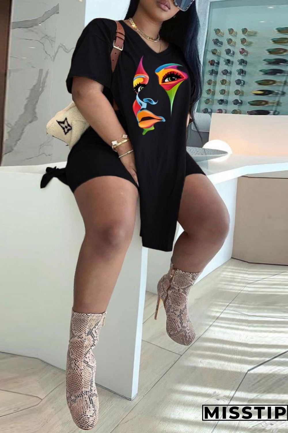 Black White Casual Print Patchwork V Neck Plus Size Two Pieces