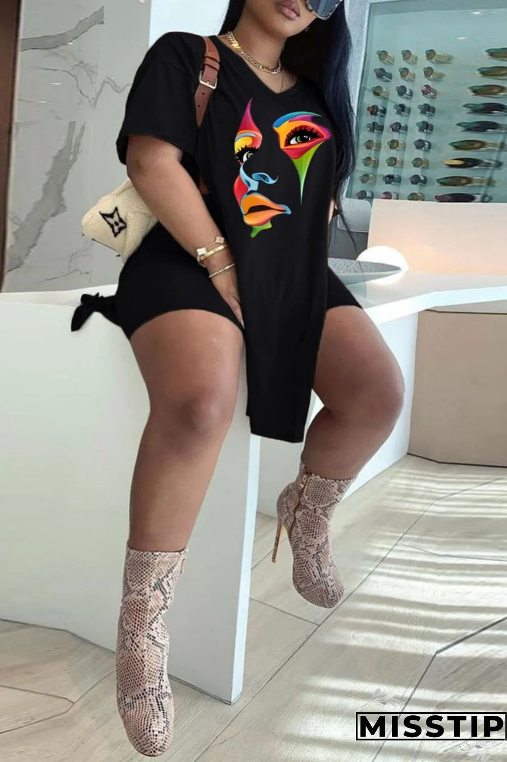 Black White Casual Print Patchwork V Neck Plus Size Two Pieces