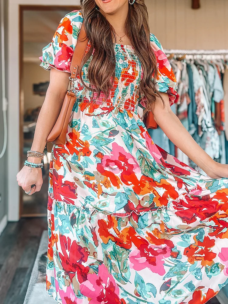 Boho Style Short Sleeve Print Maxi Dress