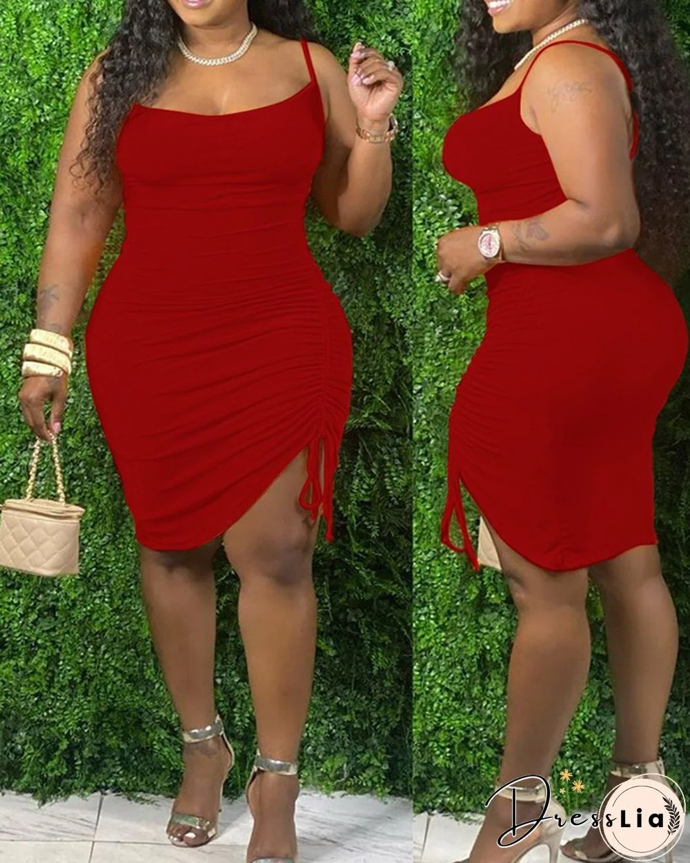 Plain Square Neck Drawstring Ruched Cami Bodycon Dress