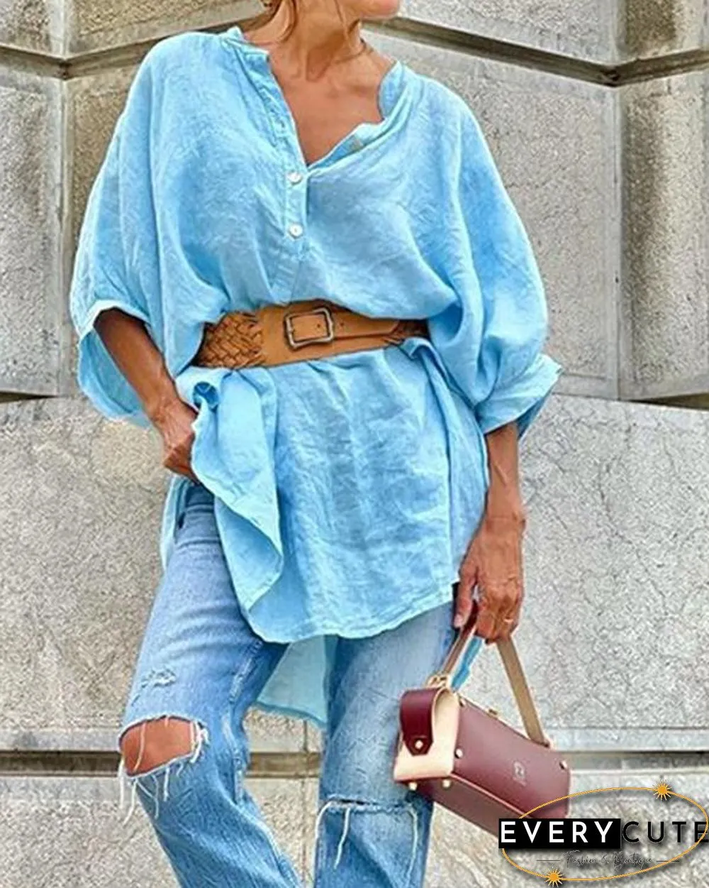 Cotton V Neck Casual Blouses