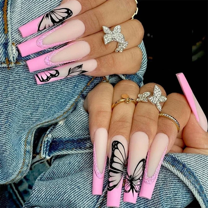 24pcs/Set Long Coffin Fake Nails Butterfly Design French False Nails Rhinestone Acrylic Beauty Fingernail Decal Ballerina Tips