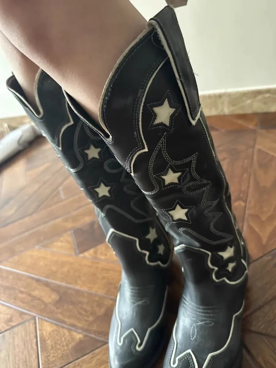 TAAFO White Star Cowboy Boots For Women Shoes Ladies Thick Heels Black Leather Western Knee High Women Boots
