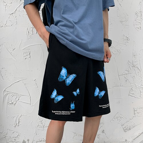 Men Casual Shorts Loose Print Cotton Knee Length Trousers Male Breathable Hip Hop Fashion Harajuku Elastic Waist Students Chic
