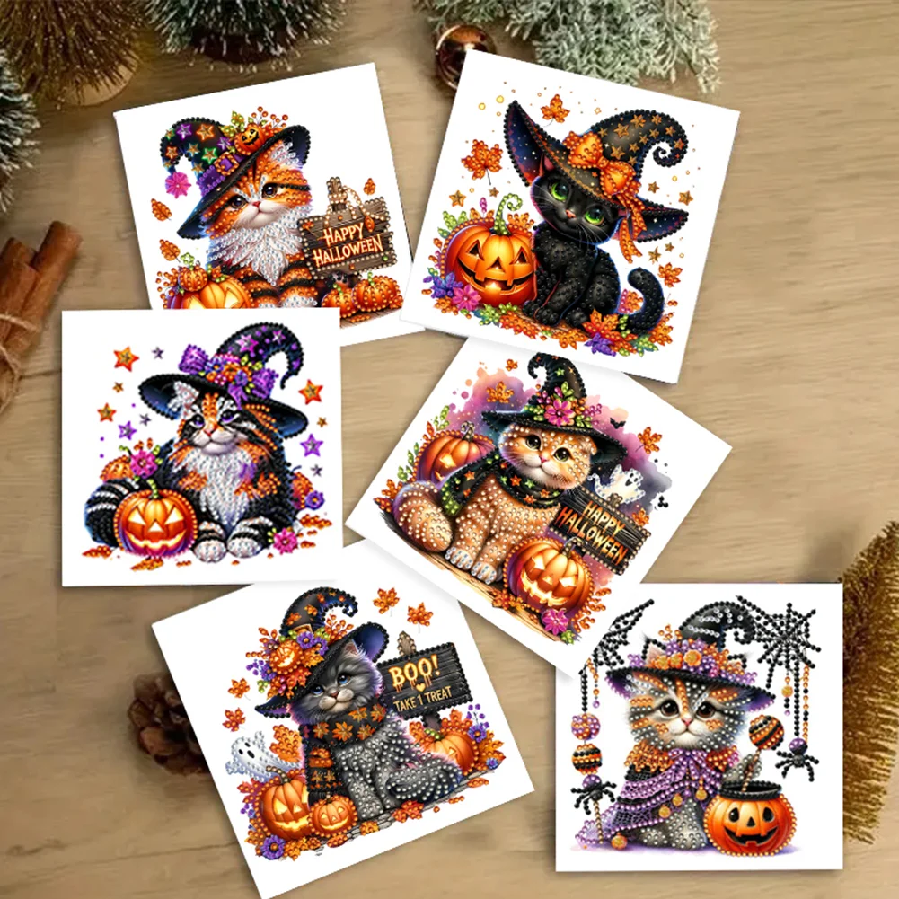 6PCS DIY Halloween Cat Diamond Art Greeting Cards for Halloween and Holidays