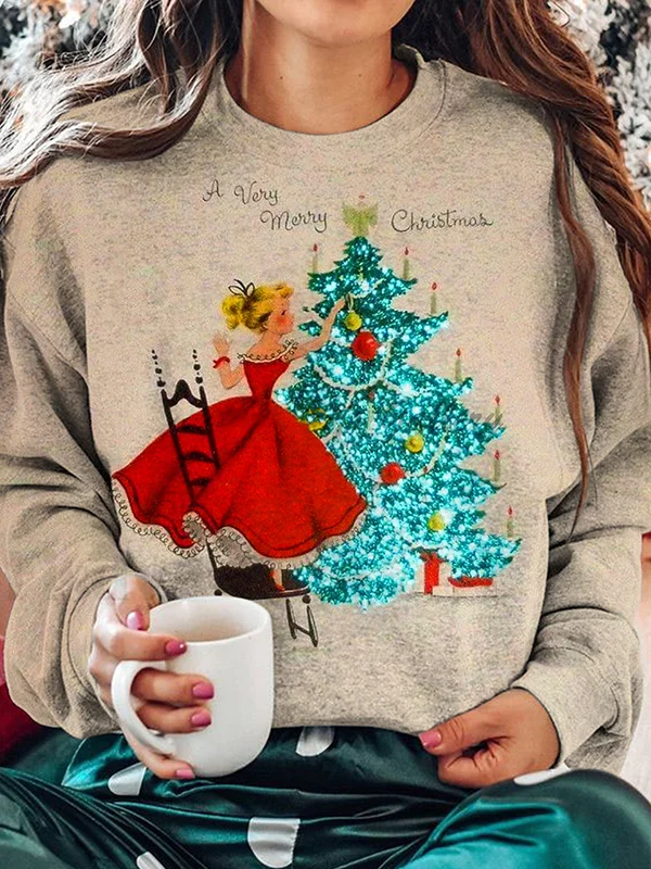 Women's A Very Merry Christmas Tree Print Crew Neck Long Sleeve Top