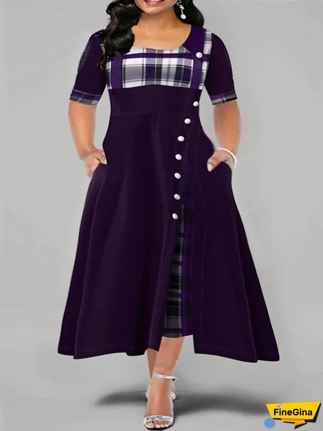 Women's Dress - Plus Size Casual Dress Plaid Crew Neck Print Half Sleeve Spring Fall Elegant Casual Maxi long Dress Work Daily Dress / Date
