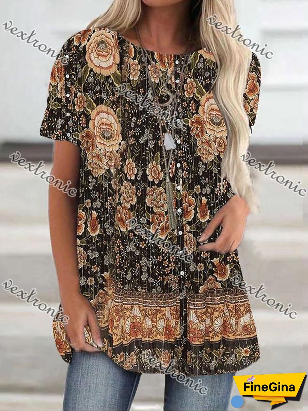 Women Short Sleeve Scoop Neck Floral Printed Stitching Top