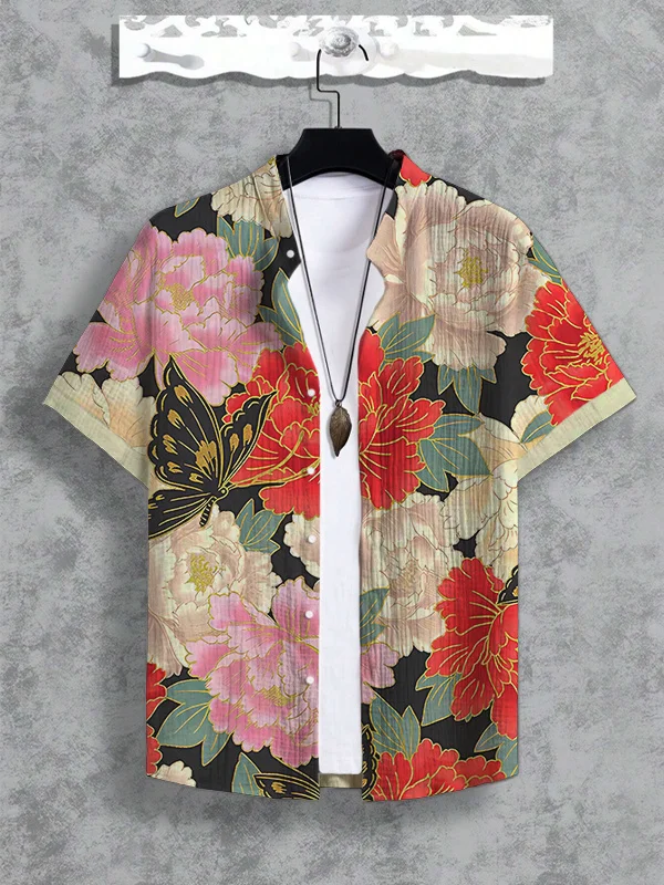 Men's Multicolor Floral Butterfly Art Print Shirt