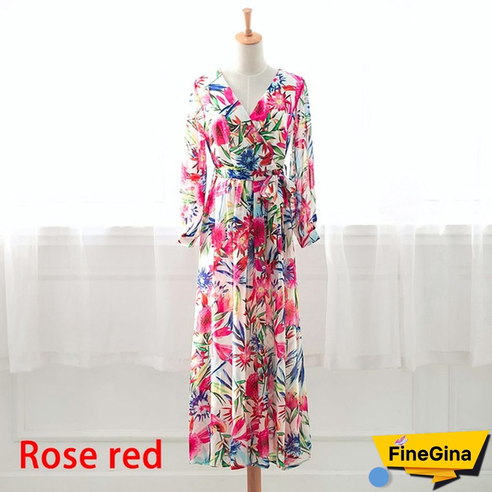 Green Purple Tropical Beach Vintage Maxi Dresses Long Sleeve Dress Boho Casual V Neck Belt Lace Up Tunic Plus Size Dress