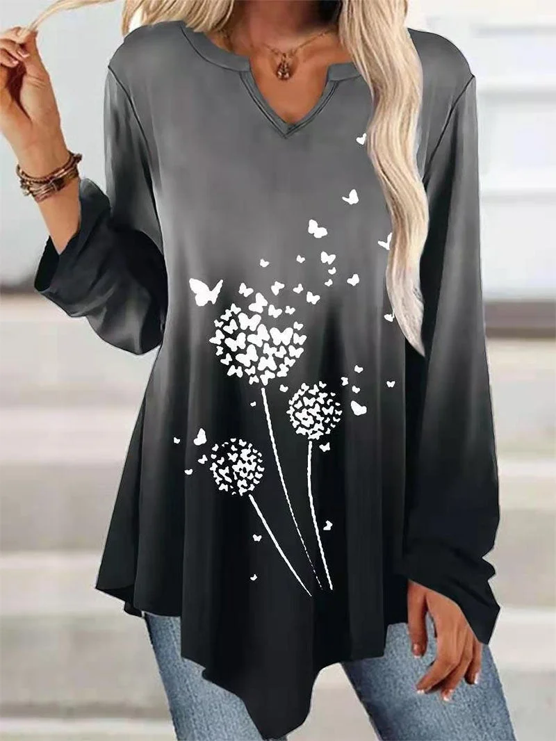 Dandelion print irregular hem long-sleeved T-shirt