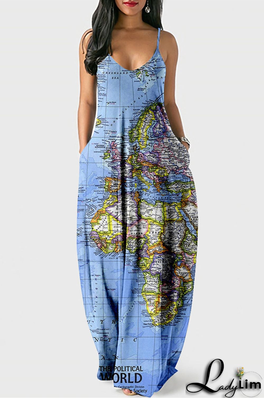 White Blue Fashion Sexy Print Backless Spaghetti Strap Long Dress