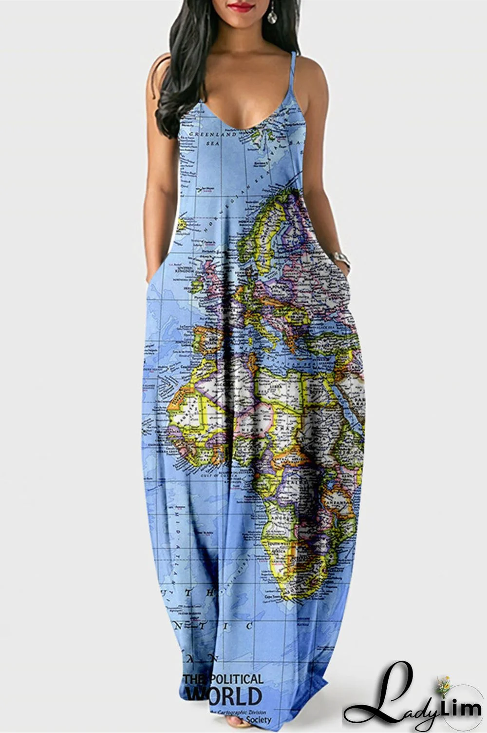 White Blue Fashion Sexy Print Backless Spaghetti Strap Long Dress