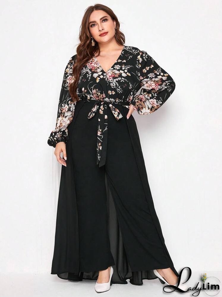Plus Floral Print Lantern Sleeve Wide Leg Jumpsuit With Skirt