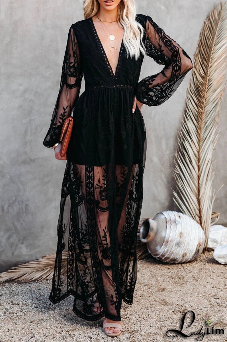 Casual Solid Lace V Neck Lace Dress Dresses(3 Colors)