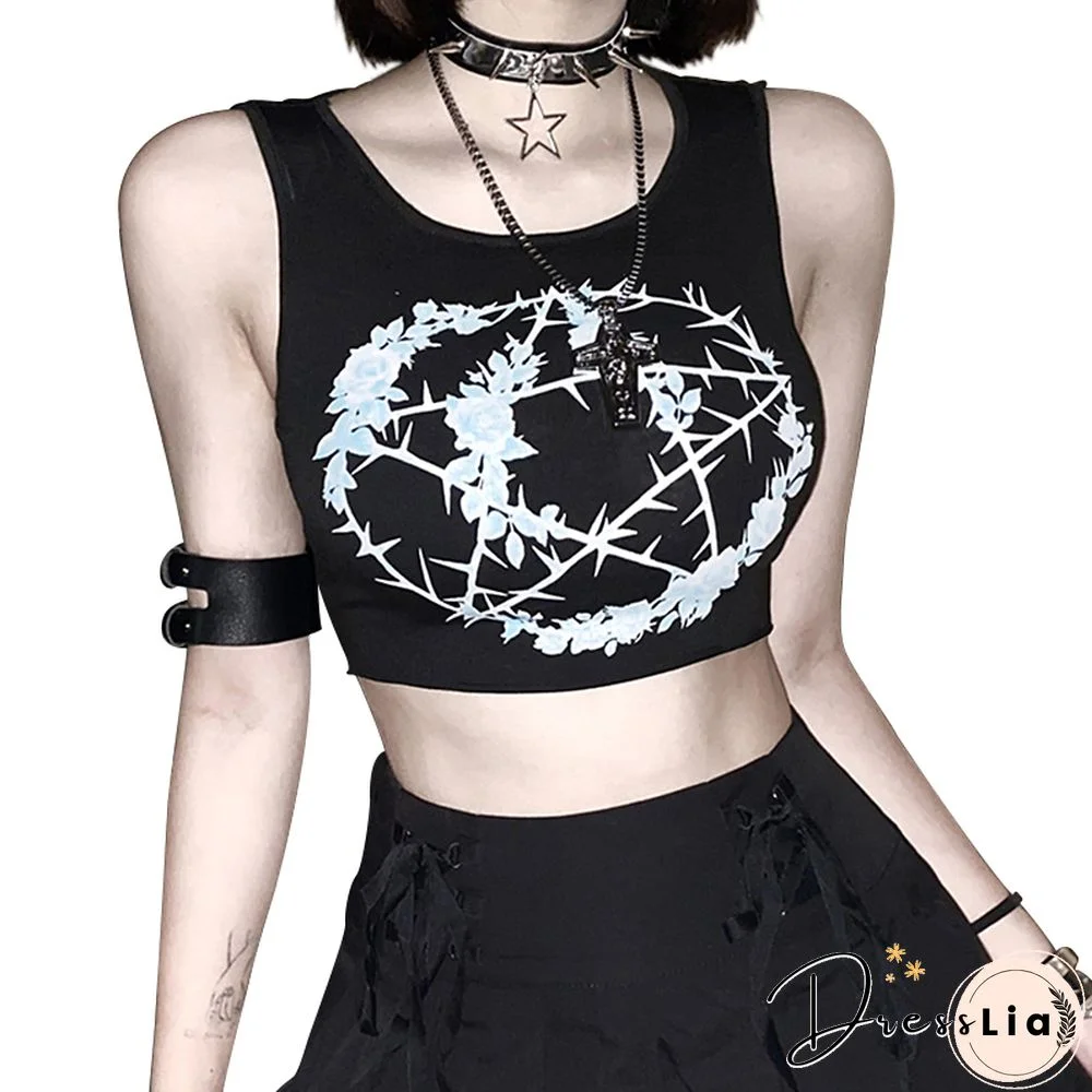 Goth Crop Top Y2k Women Academia Dark O Neck Short Sleeve Sweat Shirt Graphic Skull Pattern Fairy Grunge Clothing