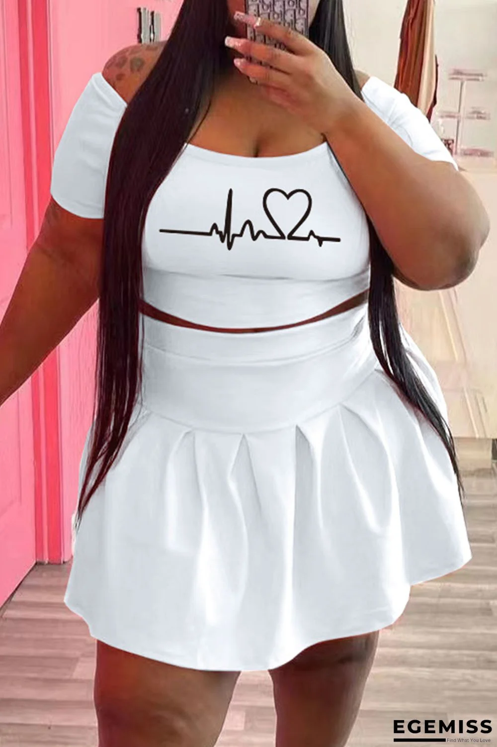 White Fashion Casual Print Basic O Neck Short Sleeve Two Pieces | EGEMISS