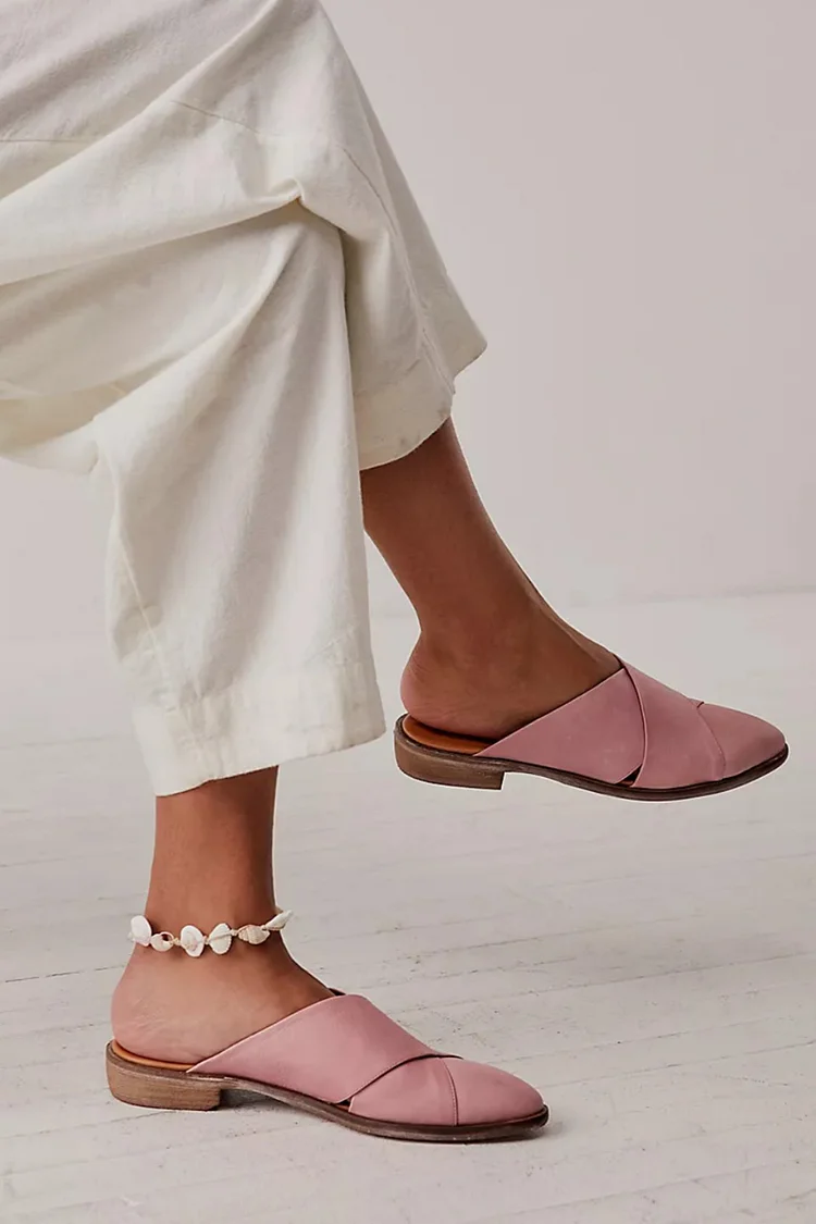 Solid Color Cross Strap Pointed Toe Pink Mules [Pre Order]
