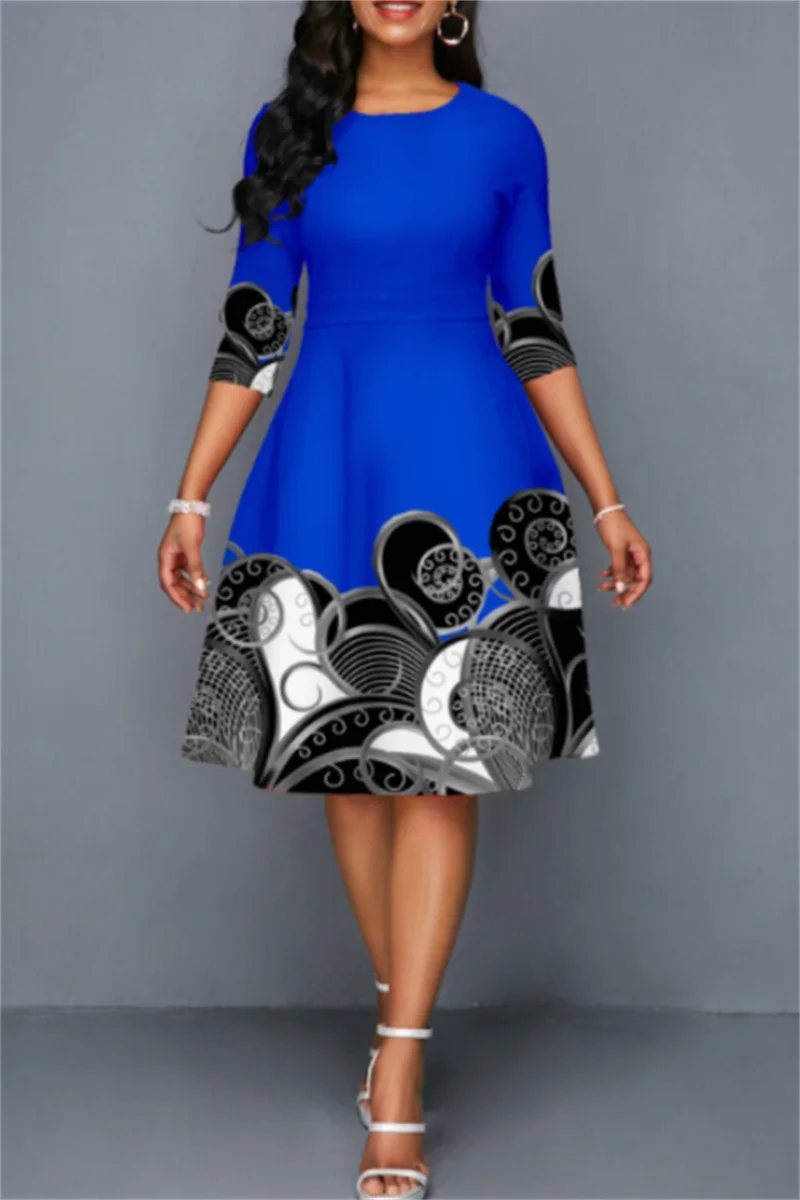 Blue Fashion Casual Print Basic O Neck Dresses | EGEMISS