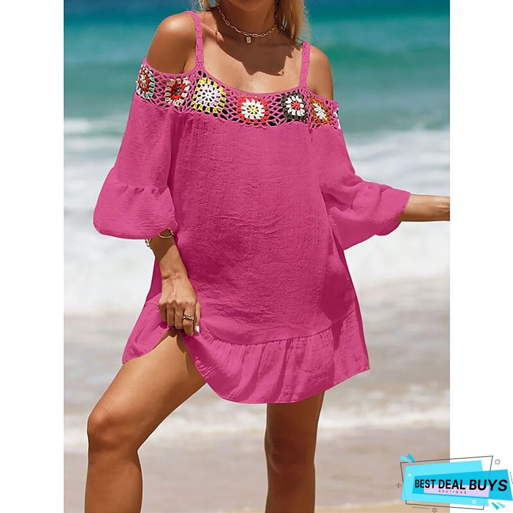 Women's Cover Up Beach Dress Beach Wear Mini Dress Ruffle Backless Ethnic Casual Floral Spaghetti Strap 3/4 Length Sleeve Loose Fit Outdoor Daily Black White 2023 Spring Summer One Size