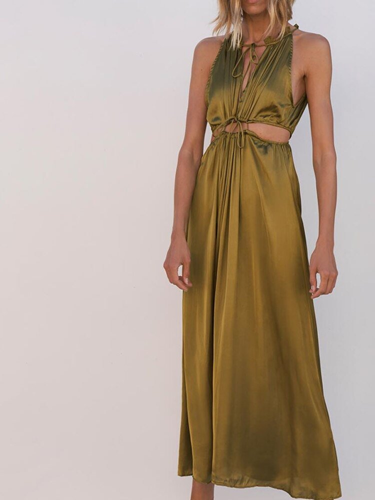 New Woman Summer Dresse Hollow-Out Design Silk Satin Slim Textured Dress Vestidos De Fiesta - BlackFridayBuys