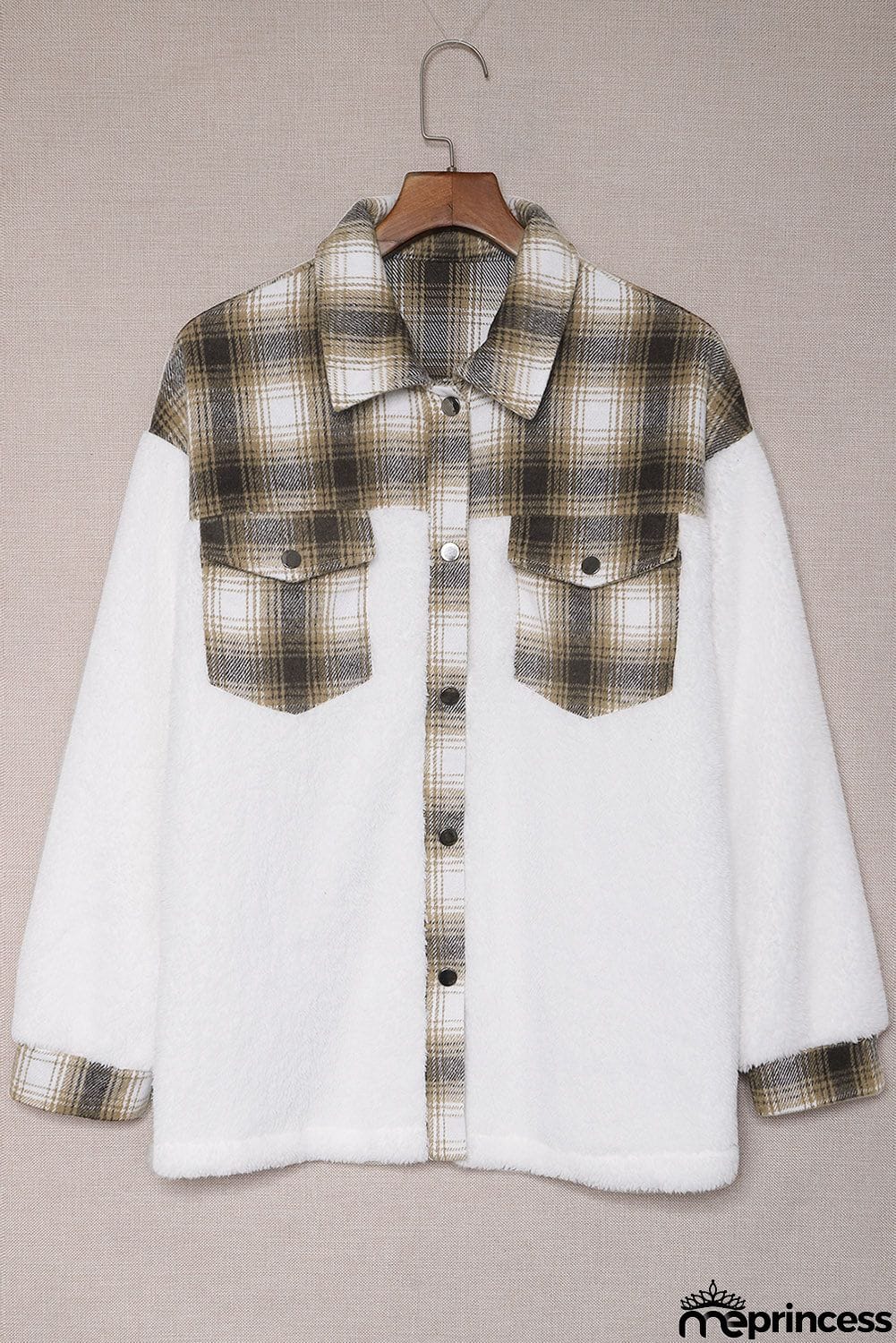 Plaid Patchwork Buttoned Pocket Sherpa Jacket