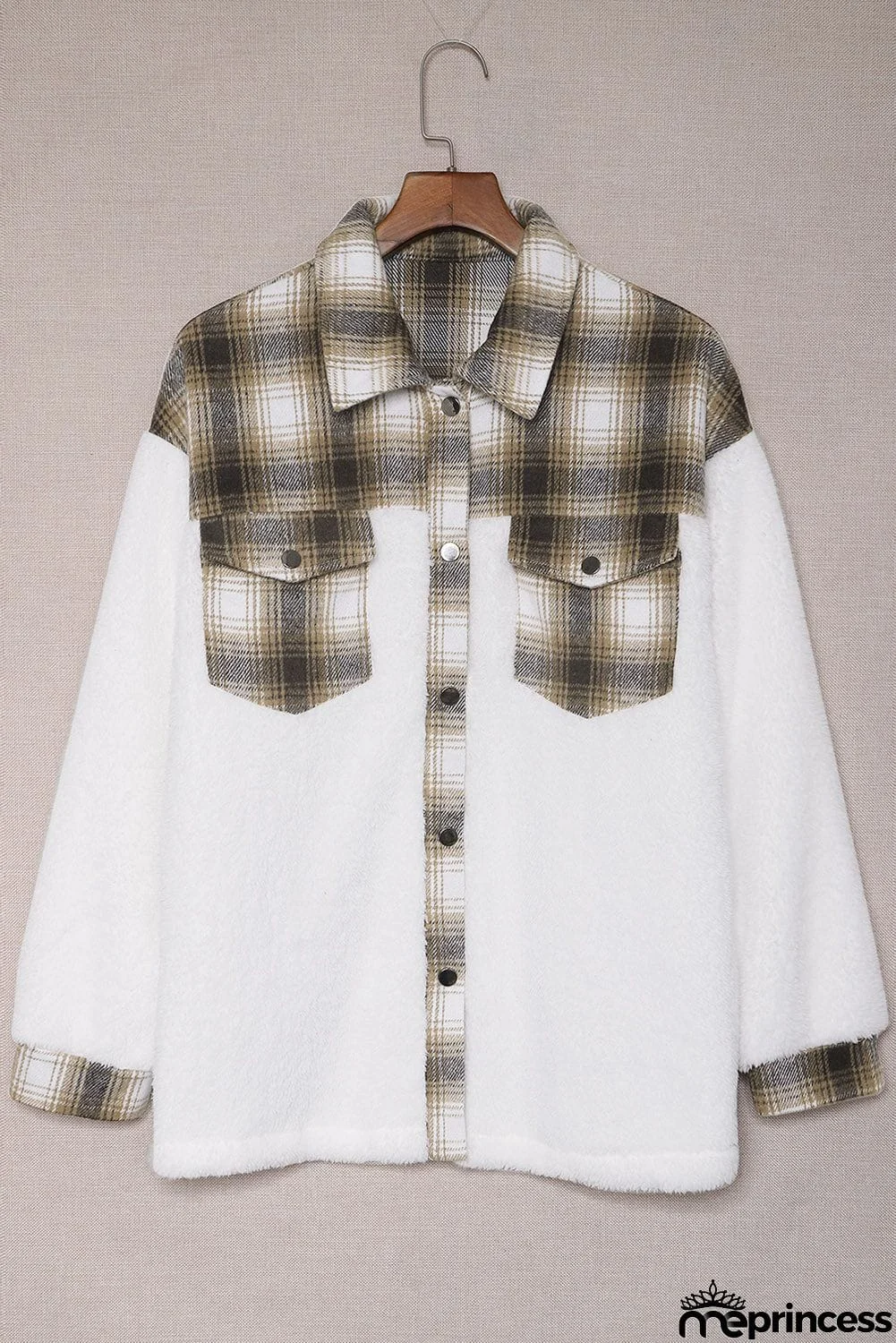 Plaid Patchwork Buttoned Pocket Sherpa Jacket