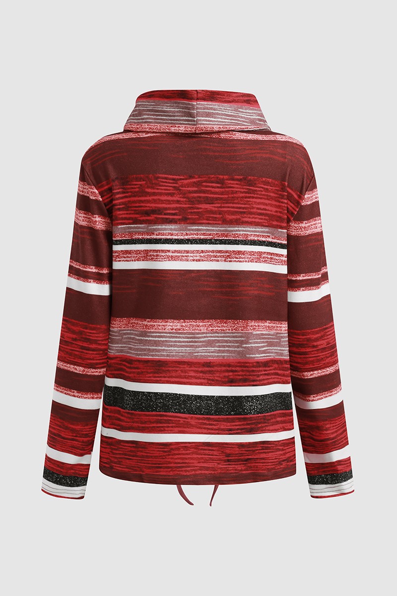 Striped Drawstring Cowl Neck Sweatshirt