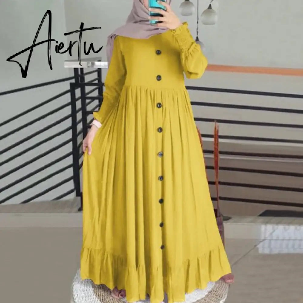 Aiertu  Evening Long Dress Arabic Turkish Islamic Clothing Vintage Women Casual Solid Puff Sleeve Ladies Kaftan Sundress Aiertu