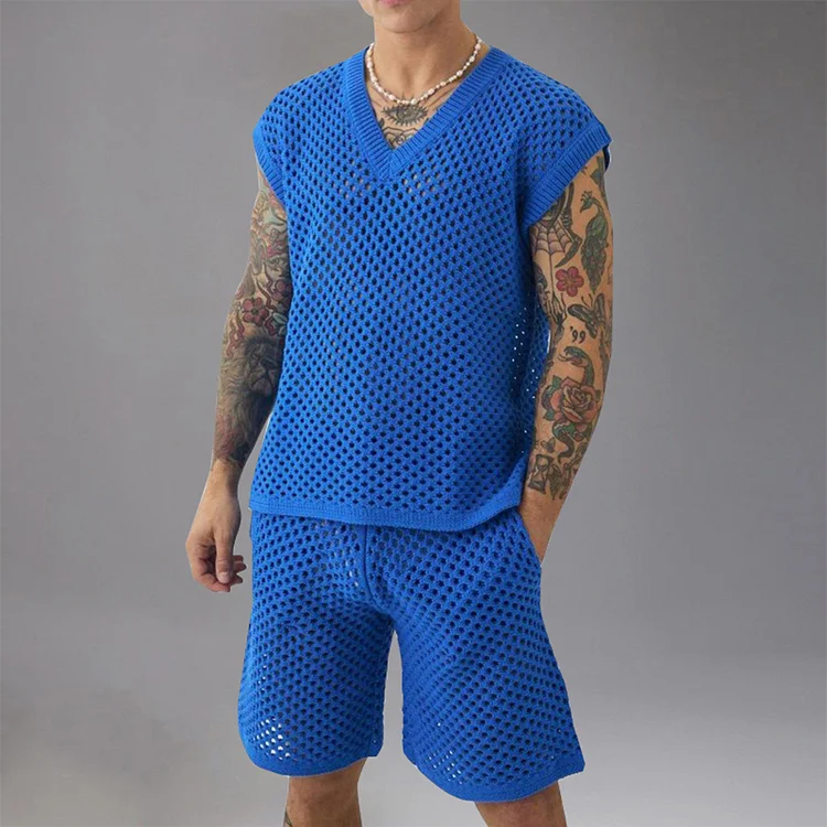 Casual Hollow Knit Tank Top & Pocket Shorts 2Pcs Set Okaywear