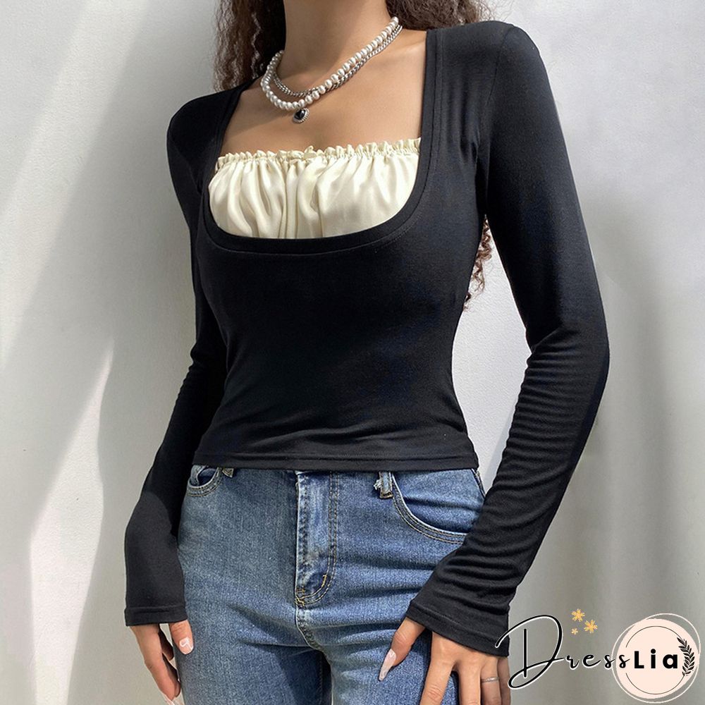 Square Neck Ruffled Pleated Long-Sleeved T-Shirt