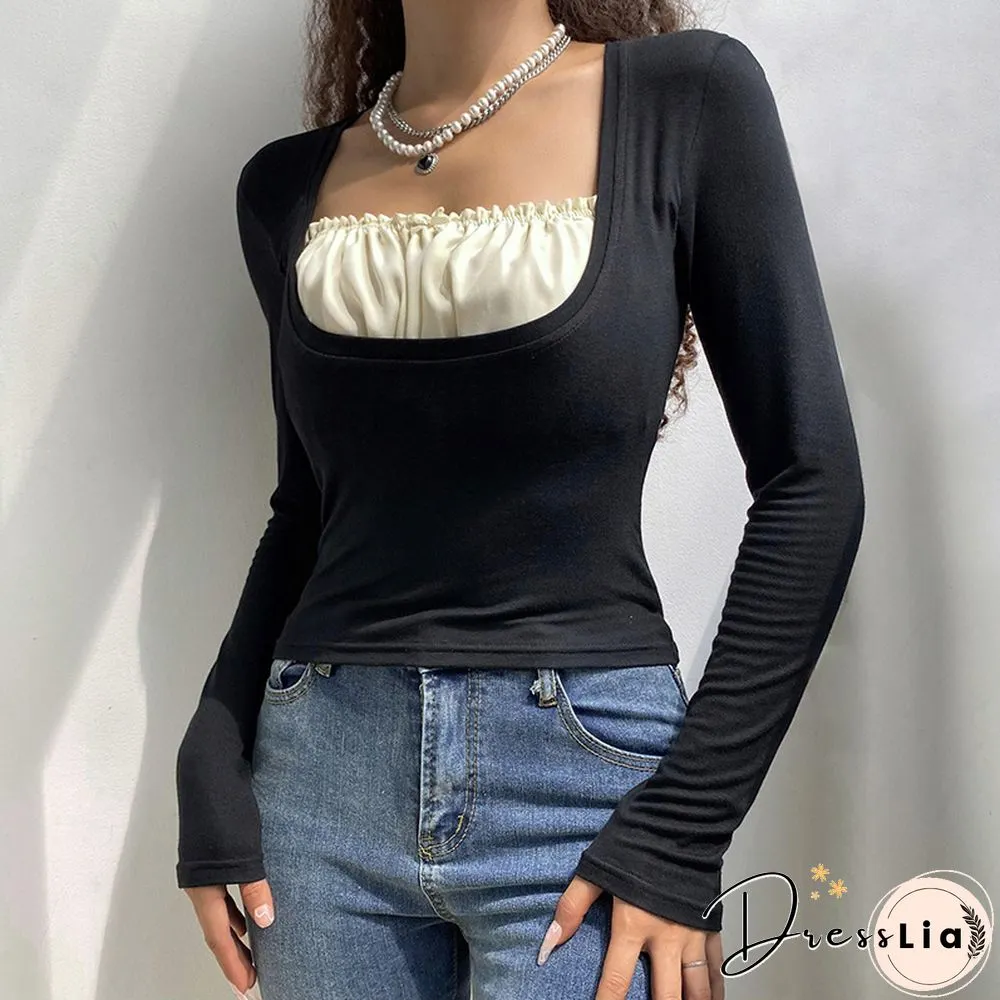 Square Neck Ruffled Pleated Long-Sleeved T-Shirt