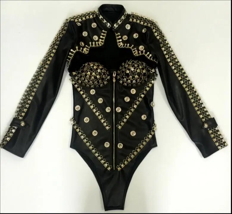 VCSHOES Black White Leather Rivet Bodysuit Short Coat Dance Outfits Bar Nightclub Women Singer Dancer Modern Dance Performance Costumes