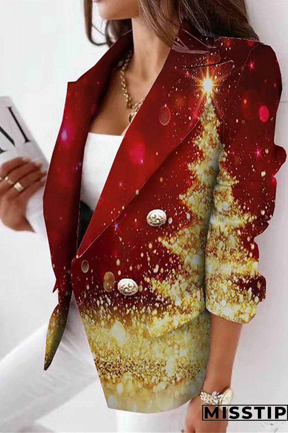 Black Red Casual Print Cardigan Turn-back Collar Outerwear