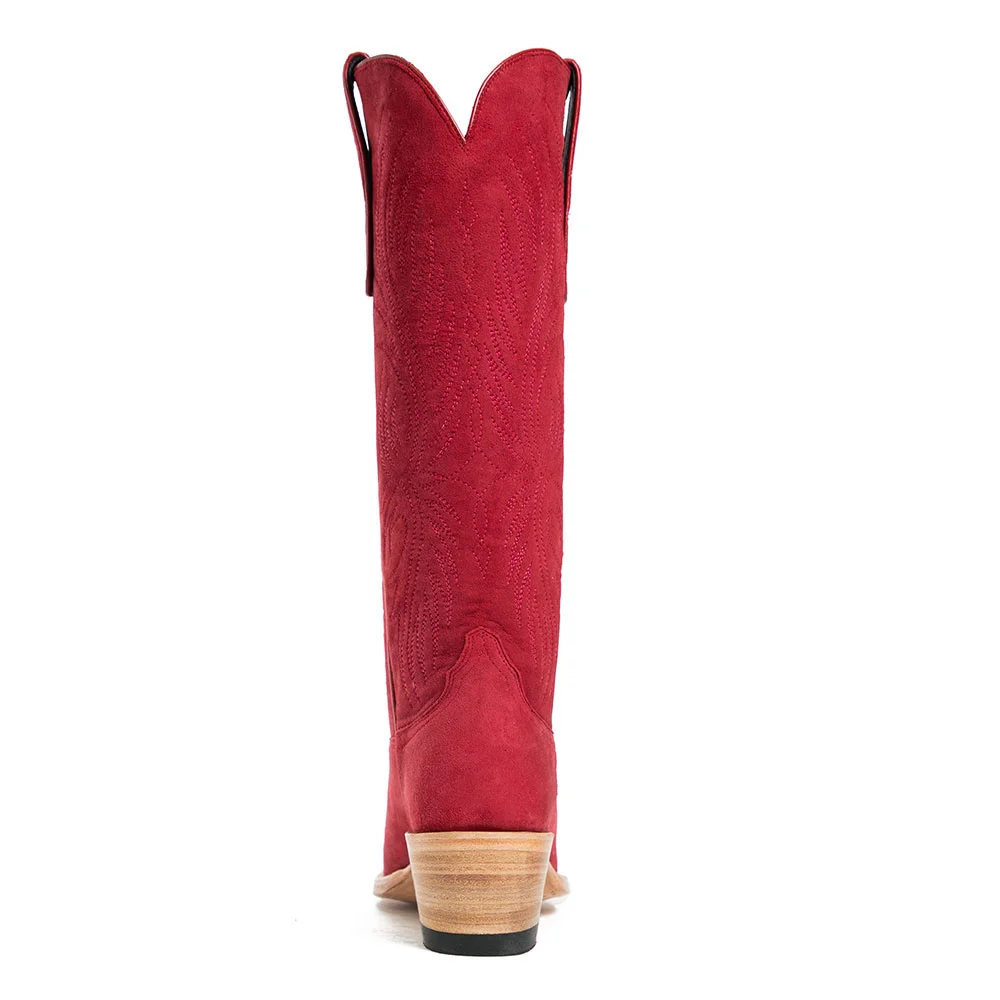 Red Vegan Suede Snip Toe Chunky Heel Stitching Cowgirl Boots