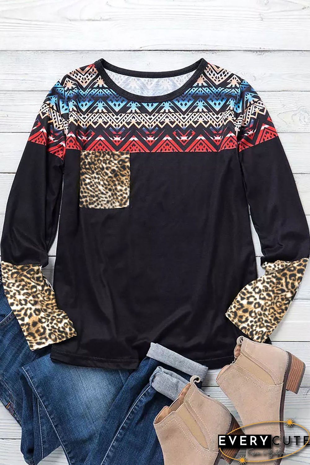 Leopard Geometric Splicing Pocket Long Sleeve Shirt