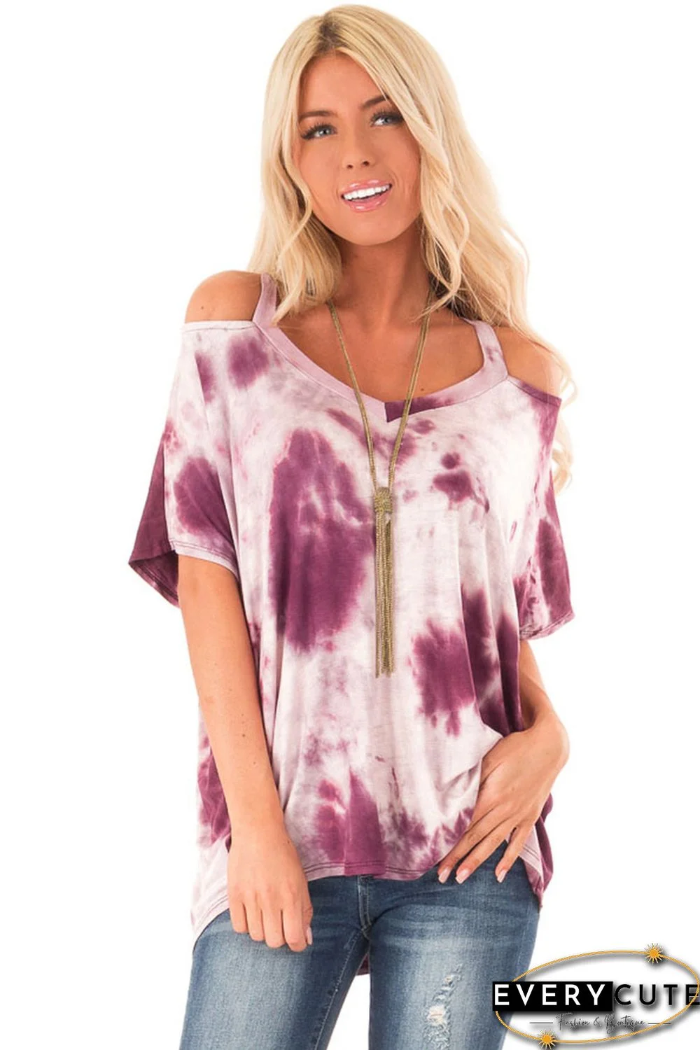 Fuchsia Tie Dye Cold Shoulder Blouse