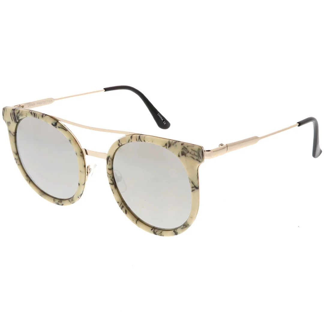 Modern Horn Rimmed glasses Sleek Double Nose Bridge Round Color Mirrored Lens 51mm